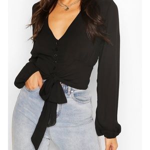 Woven button through tie blouse